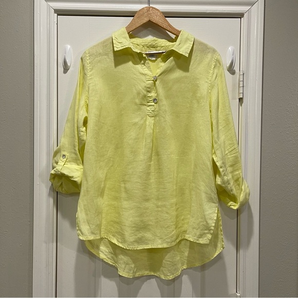 Sigrid Olsen Pop Over Blouse Women’s L Linen Yellow Rolled Sleeves Shirt Tunic - Picture 1 of 11